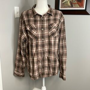 PRANA Asylum Plaid flannel thermal lined Shacket brown outdoor camping organic
